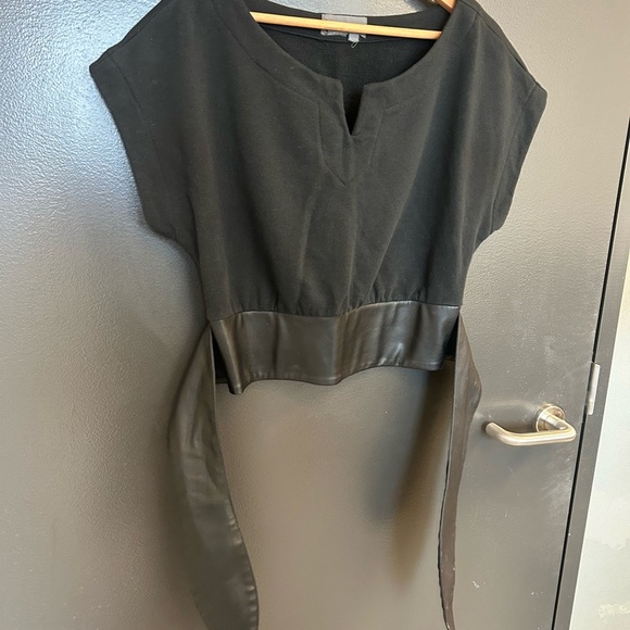 Anthropologie size S Black Top with Faux Leather Detail- GUC black cotton fades - Picture 5 of 12